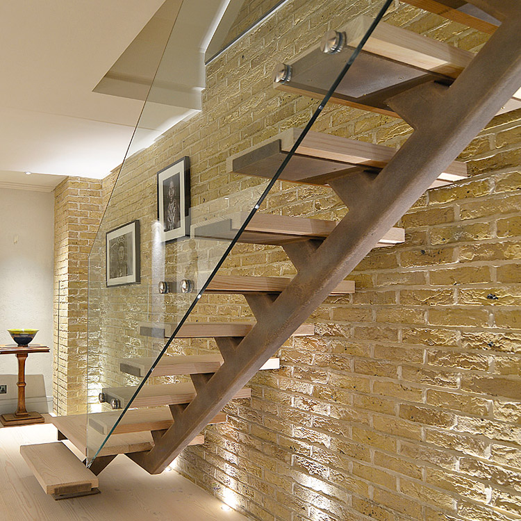 carbon steel beech mono staircase with glass railing