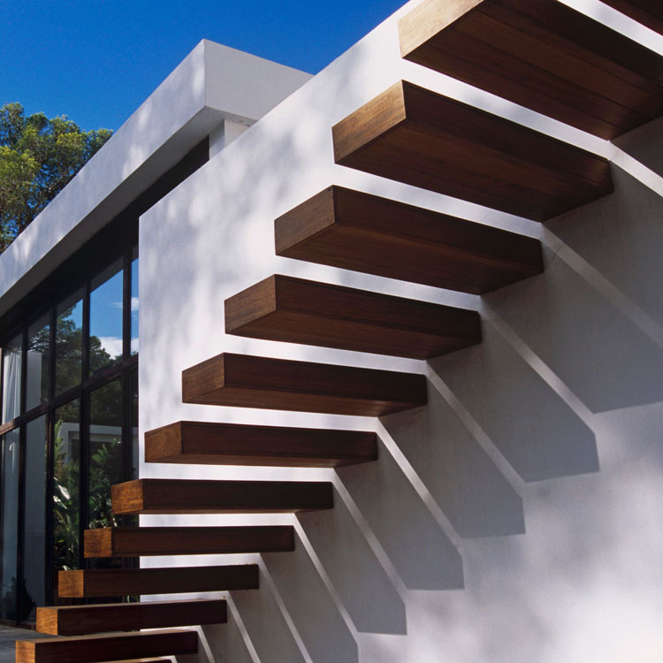 outdoor wooden floating staircase