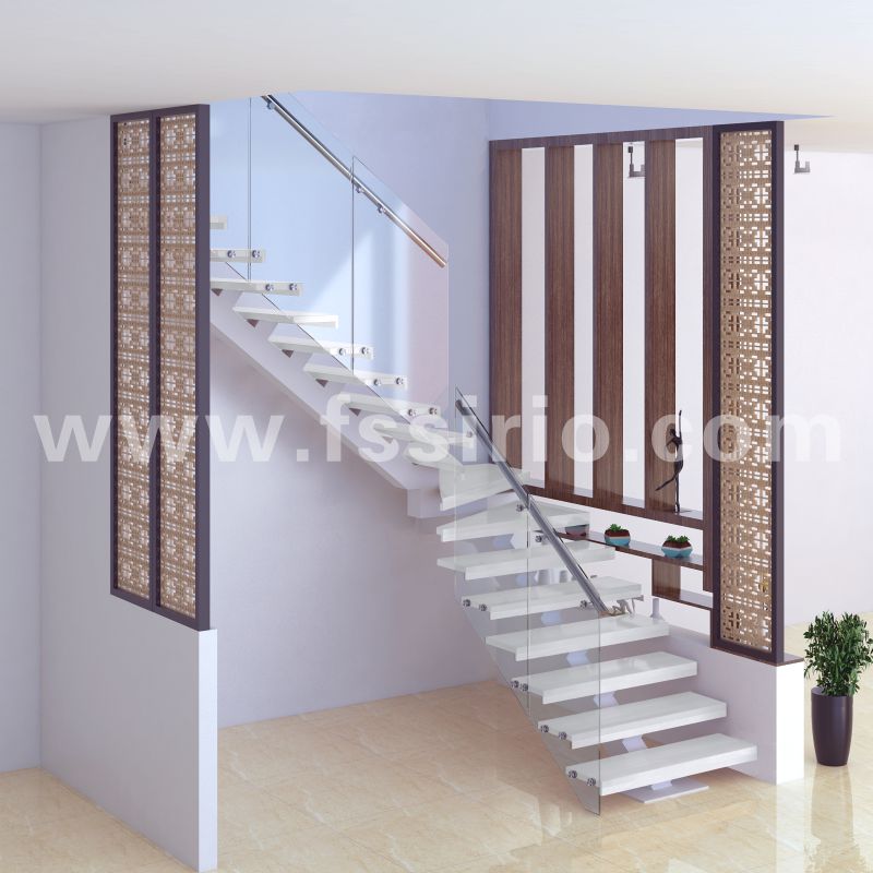 L shape mono stringer staircase white color staircase