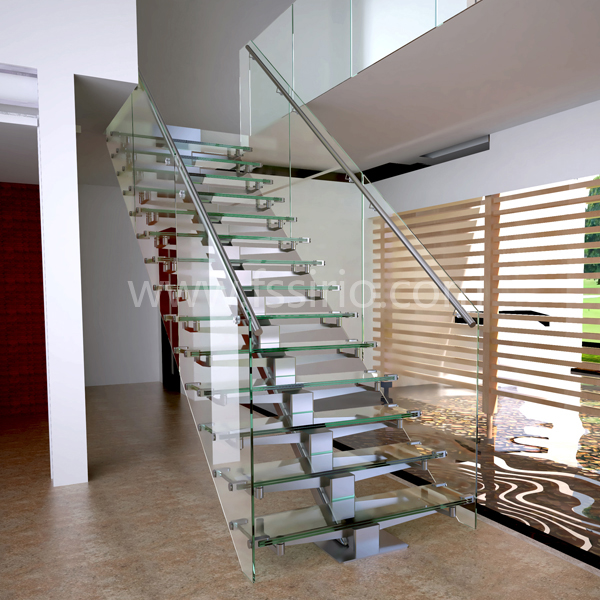 single stainless steel stringer glass treads staircase